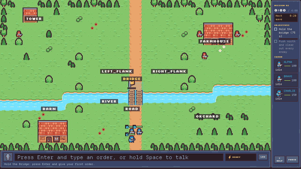Command Squad gameplay: an order is typed while the battle slows to 25% speed, then the squad moves